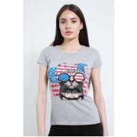Amerika Bayrağı Basqılı Pişik Dizaynlı Boz T-Shirt