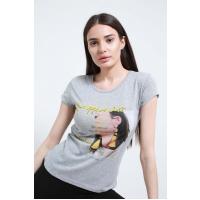 sırğalı qız basqılı boz t-shirt 2114