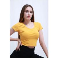 Yumru Yaxa Beli Qısa Sarı T-Shirt