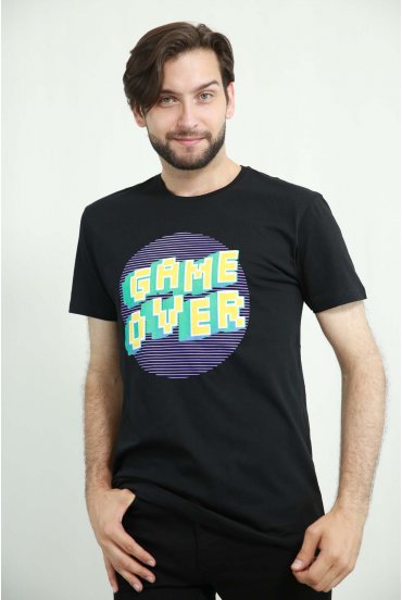 Game Over Basqılı Qara T-Shirt